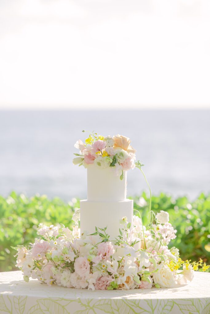 Manna Cakes Hawaii White wedding cake with floral cuff-Four Saeasons-Oahu