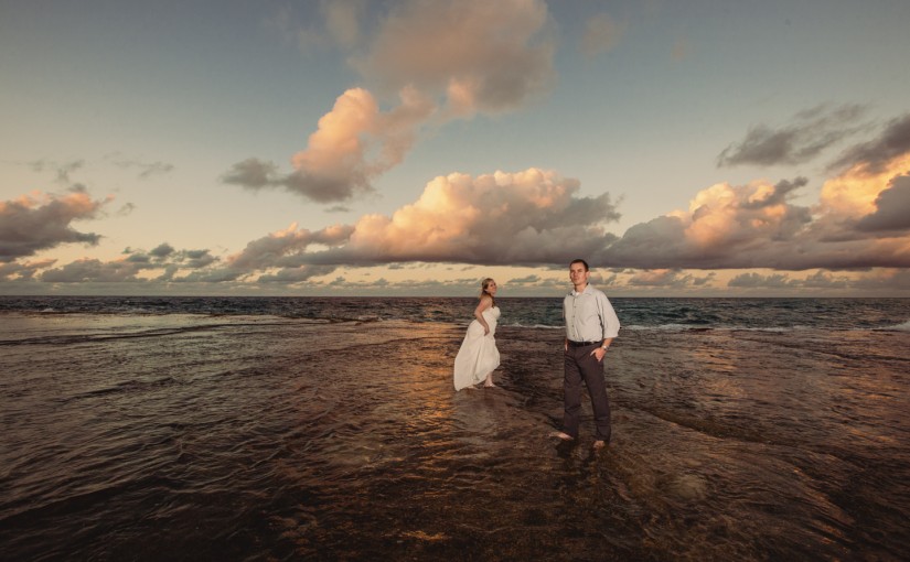 hawaii destination wedding photographer, bride groom, beach, sunset, tropical