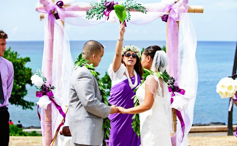 Destination wedding, ring blessing, ocean, beach, blue, island, oahu, koa bowl, ti leaf