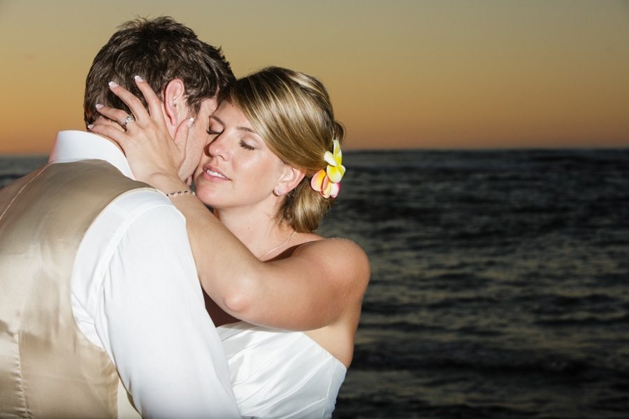 hawaii destination wedding, north shore, bride groom portrait, sunset, beach