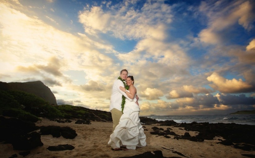 drama, makapuu, sky, beach, sunset, couple, bride, groom, sand