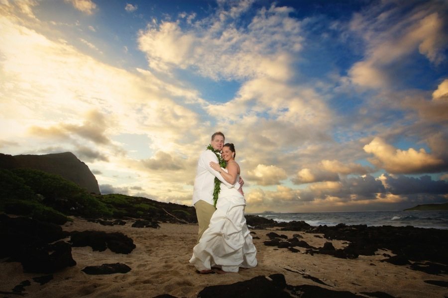 drama, makapuu, sky, beach, sunset, couple, bride, groom, sand