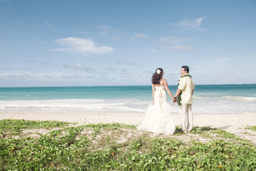 Waimanalo Beach, destination wedding, bride, groom, beach ocean