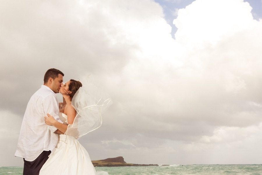 destination hawaii wedding, beach, sky, oahu, couple, bride, groom, rabbit island