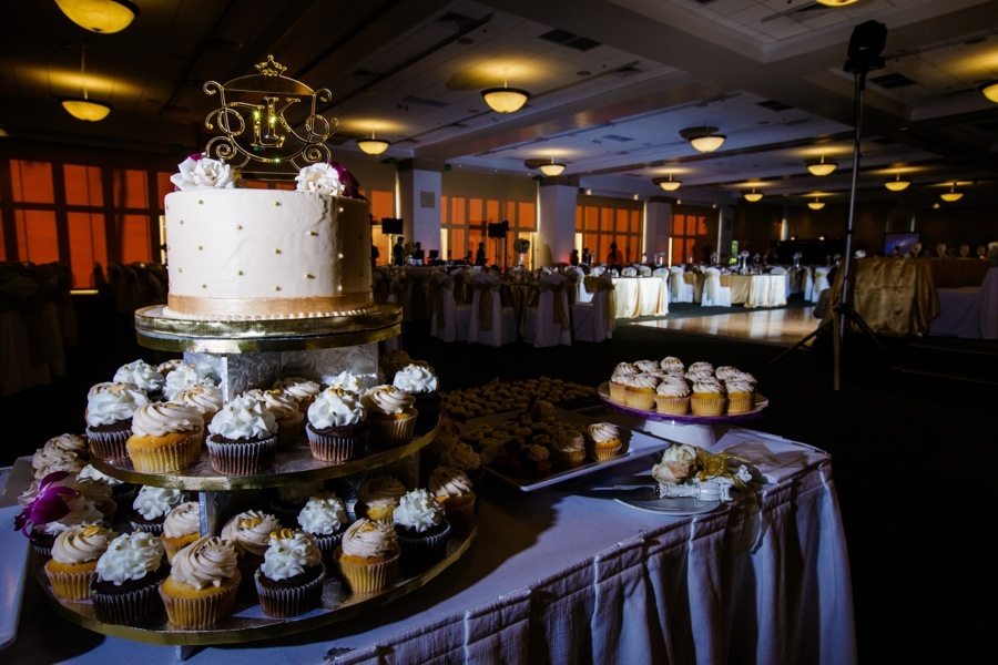 wedding cake, cupcakes, reception room