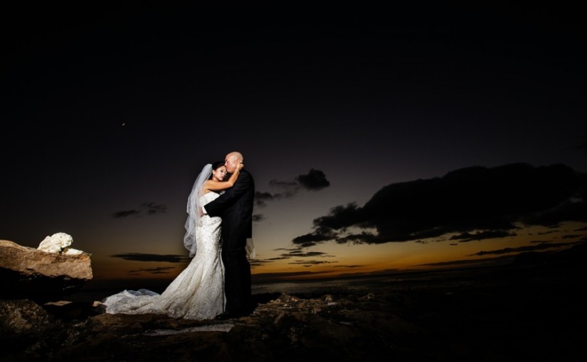 beach sunset bride and groom portrait