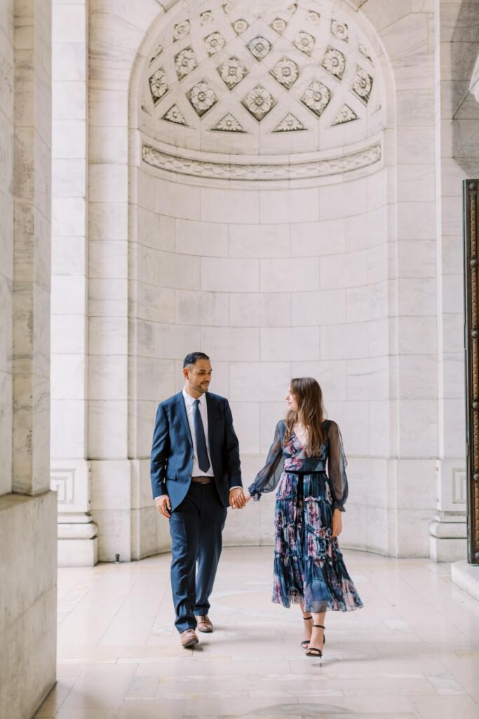NYC Library Engagement photo Couple in vestibule 