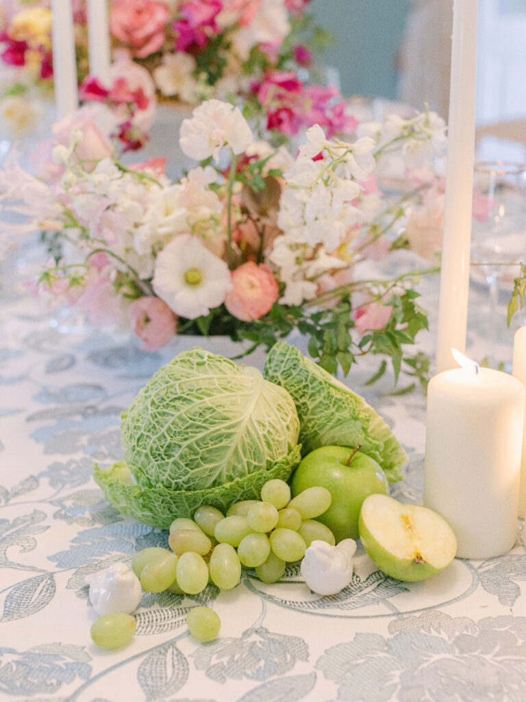 Wedding table top, Wedding reception table, French Garden Table, Charleston Wedding reception, detail of fruits and vegetables for wedding reception