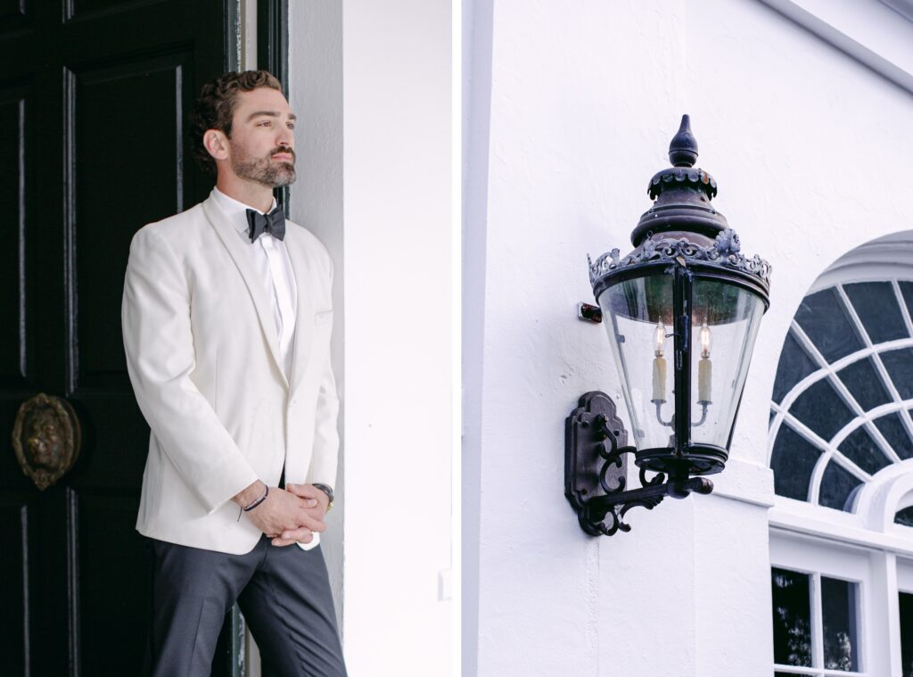 Left: Groom standing out front door of main house at Lowndes Grove in white dinner jacket tuxedo with black bow-tie. Destination wedding at Lowndes Grove in Charleston SC Right: Close up of gas lamp at the front of house Charleston