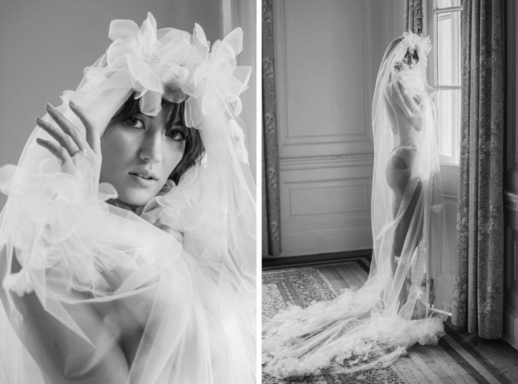 bride with veil by window for bridal boudoir session before her wedding