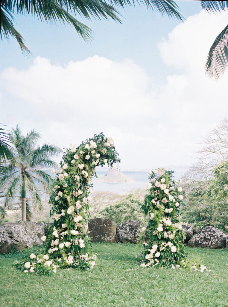 Ceremony arch at Kualoa Ranch Upper Paliku Gardens, Hawaii Wedding ceremony.