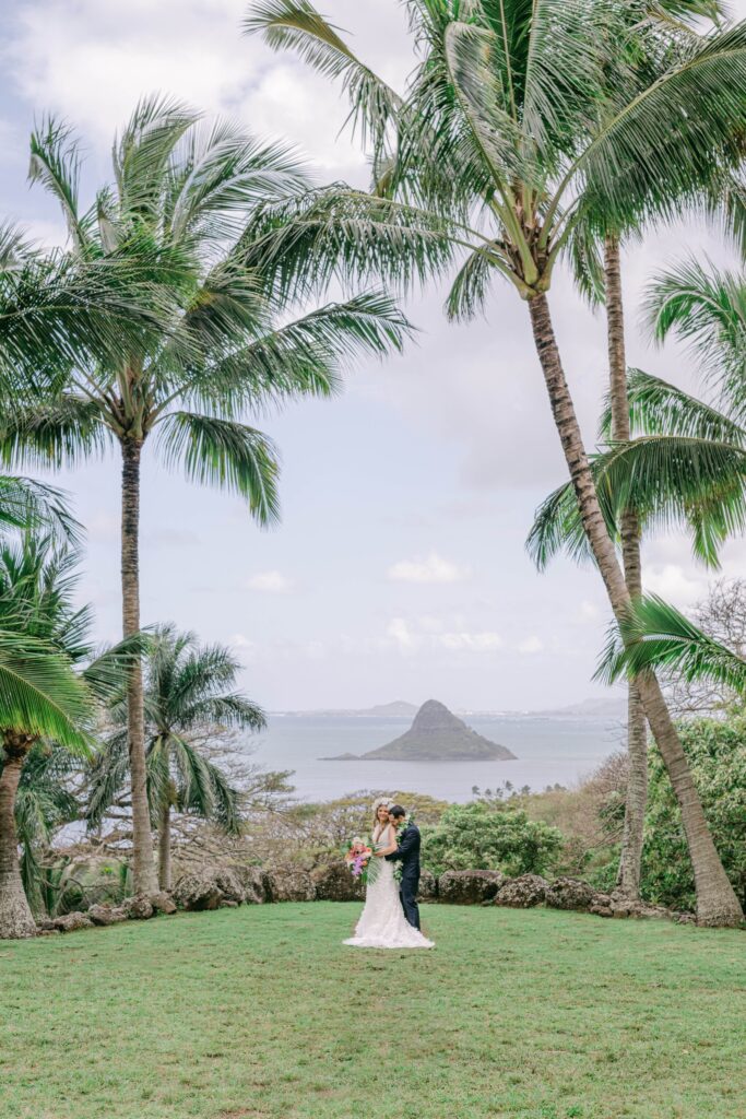 Bride and Groom at kualoa ranch Hawaii wedding venues oahu