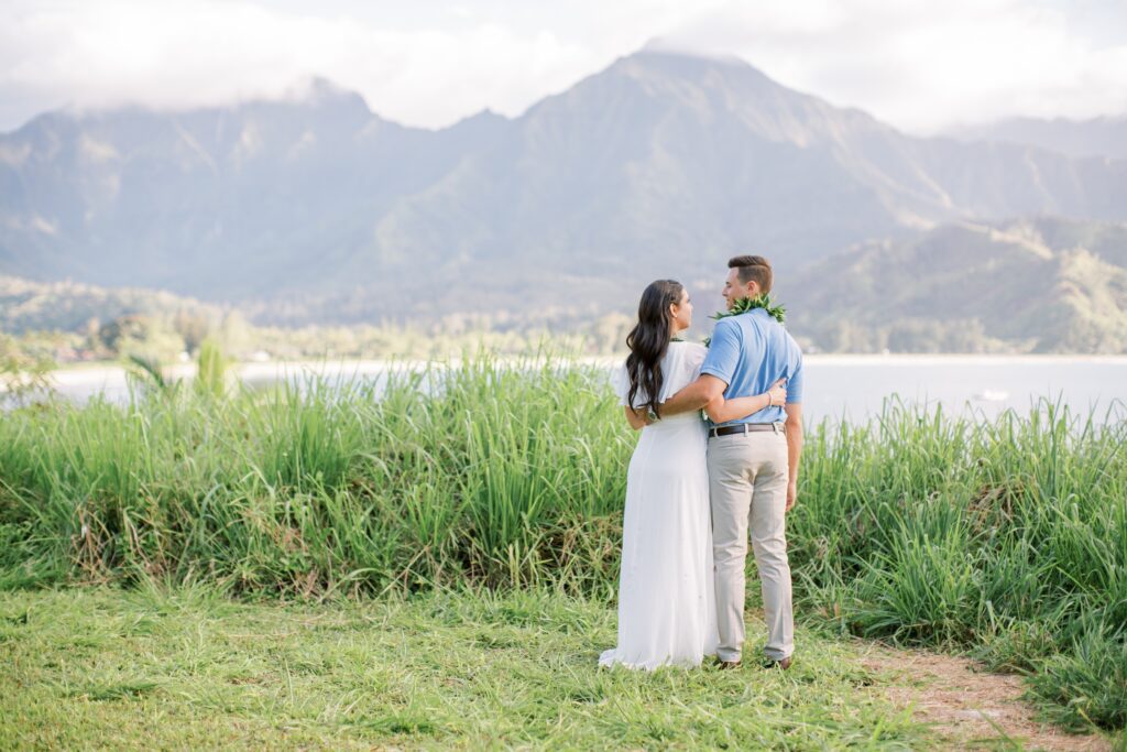 couple over looking Hanalei Bay Kauai Elopement Hawaii