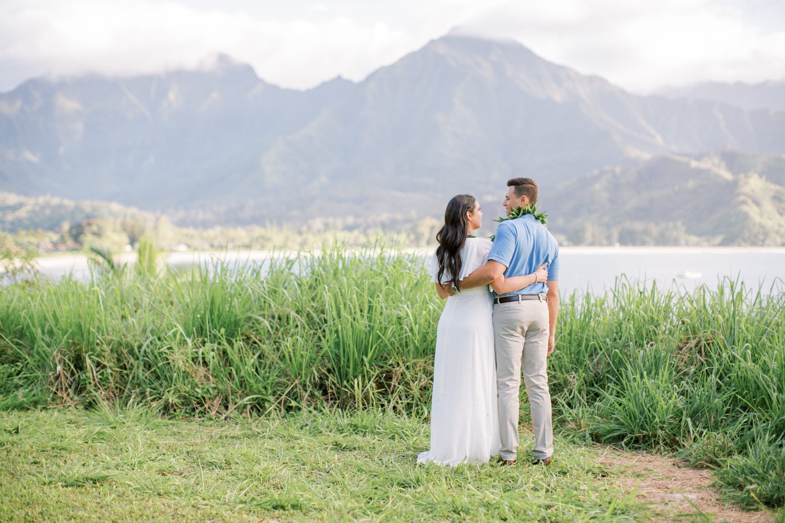 couple over looking Hanalei Bay Kauai Elopement Hawaii