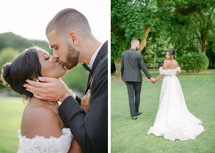 A Joyful Summer Wedding at a Private Estate in Raleigh, NC 12 a groom and bride walking away from the camera smiling at a North Carolina wedding venue