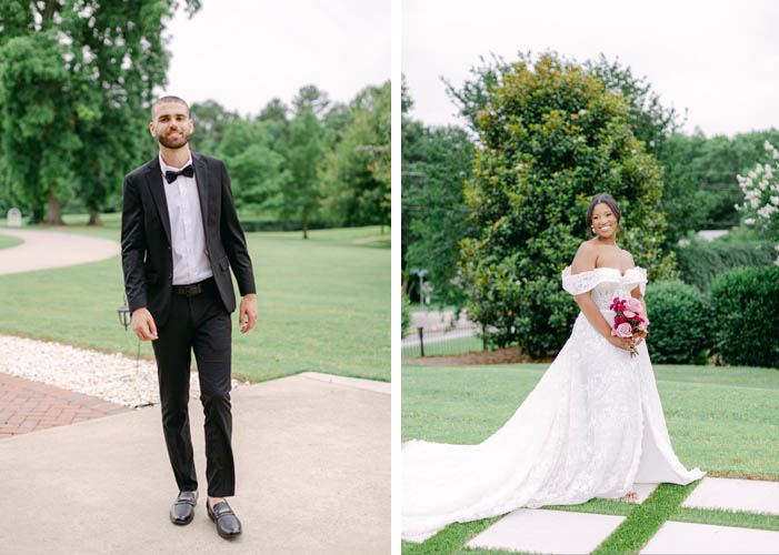 A Joyful Summer Wedding at a Private Estate in Raleigh, NC 7 Man in a tuxedo smiling and walking towards the camera. A Woman in a wedding gown holding a bridal bouquet at a North Carolina wedding