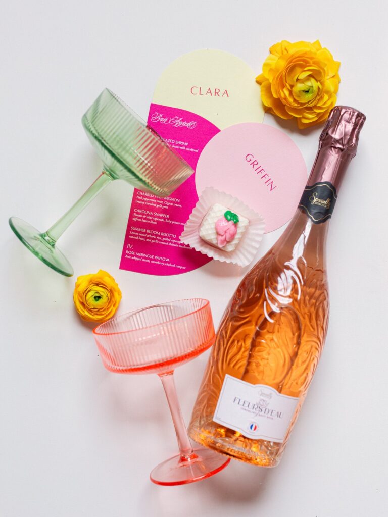 A Joyful Summer Wedding at a Private Estate in Raleigh, NC 19 pink champagne bottle wedding day detail