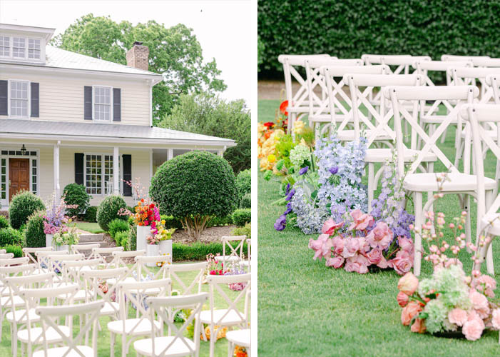 A Joyful Summer Wedding at a Private Estate in Raleigh, NC 5 Wedding Ceremony with bold colors in front of an estate in Raleigh NC