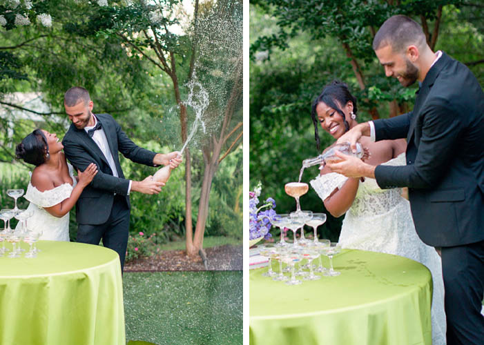 A Joyful Summer Wedding at a Private Estate in Raleigh, NC 20 bride and groom champagne toast in north carolina