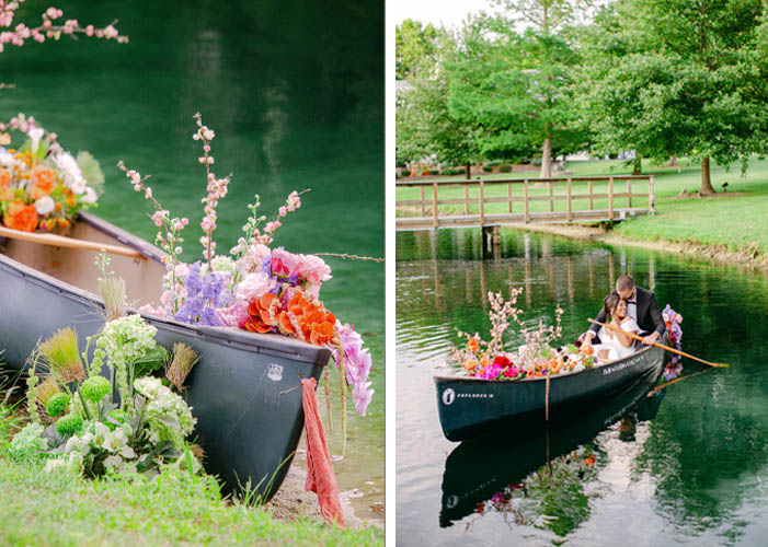 A Joyful Summer Wedding at a Private Estate in Raleigh, NC 21 bride and groom in a canoe in a wedding venue in cary north carolina