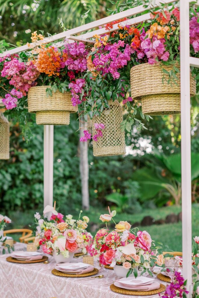 vibrant floral wedding table setting in hawaii